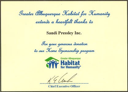 Greater Albuquerque Habitat for Humanity Certificate